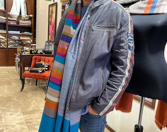 High quality, natural cashmere handmade men  scarf, pure cashmere scarf, in vibrant shades of blue, orange and brown.