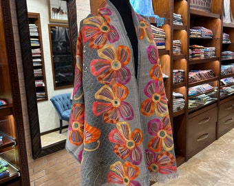 High quality embroidered wool shawl  grey body and vibrant colors  flower and butterfly pattern %100 wool thick shawl