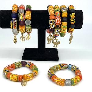 Krobo beads Bracelet, Sankofa, Gye Nyame Adinkra, unisex wristbands, handmade recycled glass powder beads bracelets