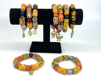 Pulsera de cuentas Krobo, Sankofa, Gye Nyame Adinkra, pulseras unisex, pulseras hechas a mano con cuentas de polvo de vidrio reciclado