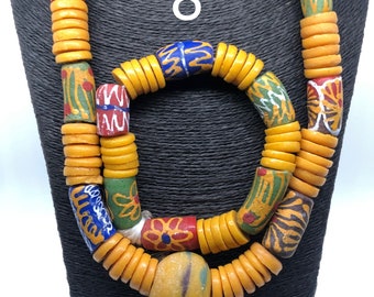 Vintage Ghana Krobo Bead Necklace and bracelet set African Ethnic Powdered Glass Beads. Tribal beads. Chunky King/male beads