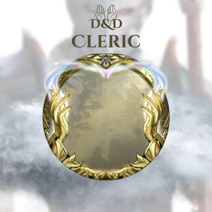 May include: A golden, circular emblem with the text "D&D CLERIC" at the top. The emblem features stylized golden hands and ornate detailing. A soft, blurred background suggests a fantasy theme.