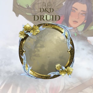 May include: A golden-toned circular frame with ornate detailing and stylized leaf accents. The frame is outlined with a light blue, ethereal design. The words "D&D DRUID" are displayed in a serif font above the frame, with a fantasy character in the background.