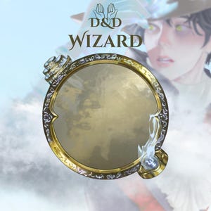 May include: A golden-rimmed, circular object with ornate detailing and a central, reflective surface. The text "D&D WIZARD" is displayed above the object, set against a blurred background with a fantasy theme.