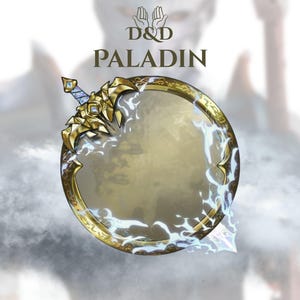 Peut inclure: Un bouclier doré avec une épée, avec le texte "D&D PALADIN". Le bouclier a une bordure décorative et une épée stylisée avec des accents bleus. L'arrière-plan est une image floue d'une figure.