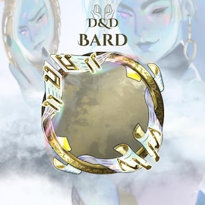 May include: A fantasy-themed digital artwork featuring a golden, ornate frame with a central, light-colored space. The frame has intricate designs and is set against a backdrop of a pale, ethereal figure. The text "D&D BARD" is displayed above the frame.