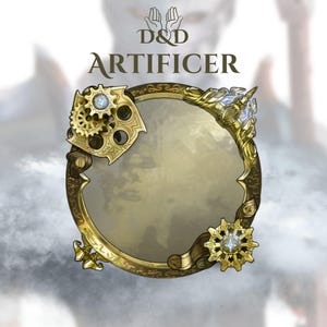 Może przedstawiać: Szczegółowa ilustracja z tekstem "D&D ARTIFICER" nad złotą, ozdobną ramą. Okrągła rama ma skomplikowane detale, w tym koła zębate i ozdobne akcenty. Tło to rozmyty obraz o tematyce fantasy.