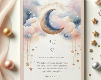 Tarjeta de agradecimiento editable sobre la luna Baby Shower, tarjeta de agradecimiento Blue Twinkle Little Star Baby Shower, plantilla imprimible, descarga instantánea
