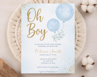 May include: A baby shower invitation with the words "Oh Boy" in gold script. The invitation features two blue watercolor balloons and the event details, including the date, time, and location. The invitation is decorated with gold confetti.