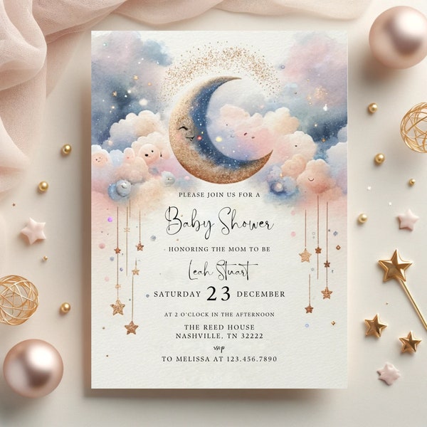 Modèle d'invitation de baby shower modifiable sur la lune, invitation de baby shower de petite étoile bleue scintillante, modèle imprimable, téléchargement immédiat