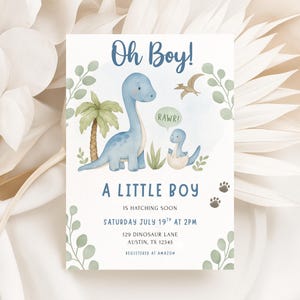 A Little Boy Is Hatching Soon Baby Shower Invitation – Printable Dino Theme – Gender Neutral - Oh Boy Baby Shower Invite