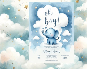 Editable Blue Elephant Baby Shower Invitation, Boy Baby Shower, Elephant Baby Shower Invite, Printable Template, Instant Download
