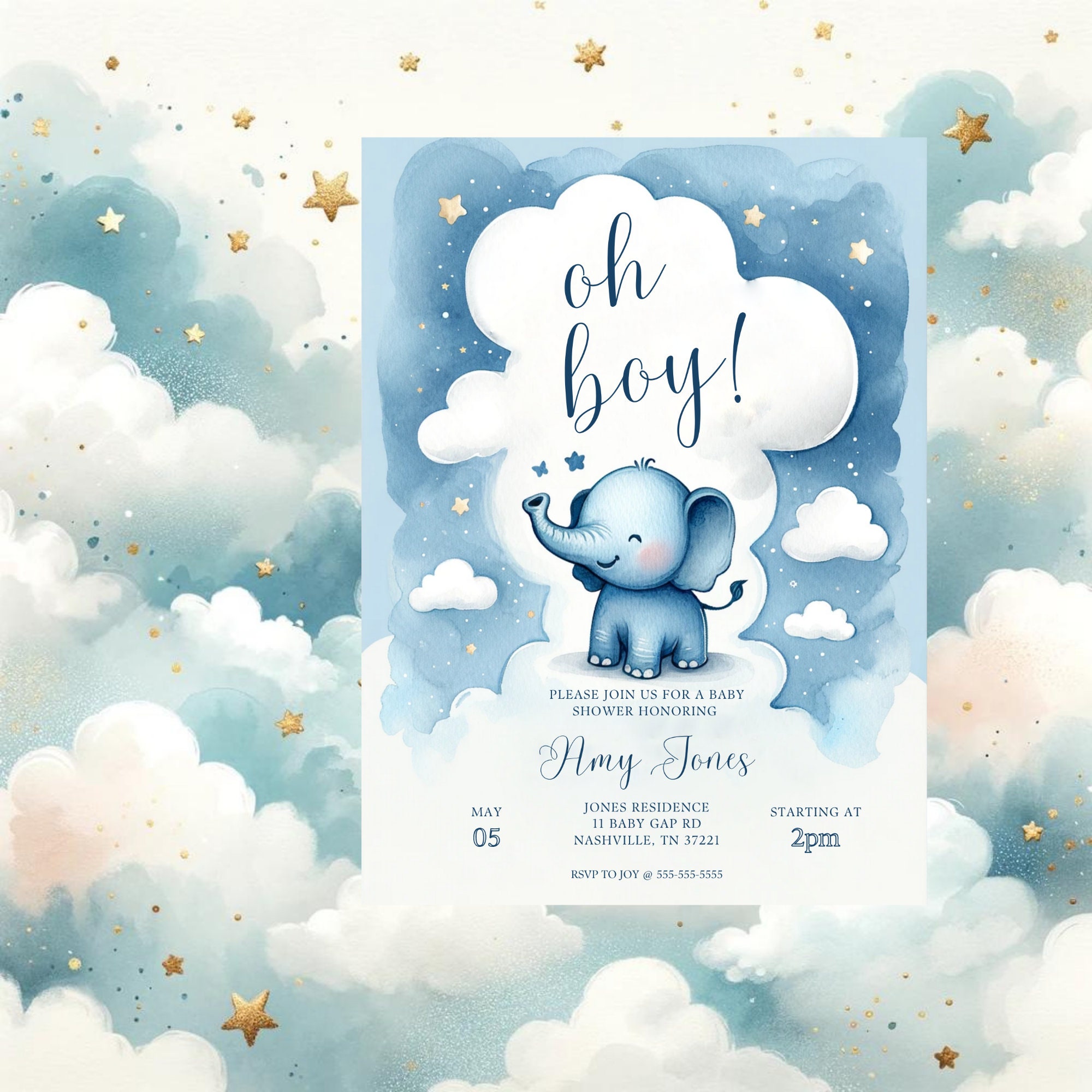 Invitación editable para baby shower con elefante azul, baby shower para niño, invitación para baby shower con elefante, plantilla imprimible, descarga instantánea
