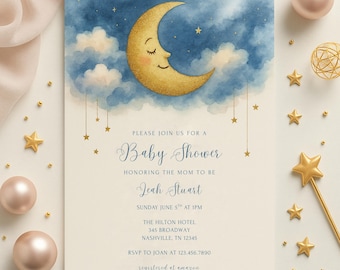 Invitation baby shower sur la lune : modèle bleu modifiable (téléchargement numérique)