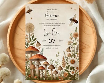 Invitación editable para baby shower con forma de hongo, hongo para bebé, invitación para bebé, invitación con forma de hongo, hongo silvestre, plantilla editable de género neutro