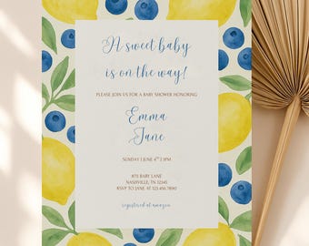 Zaproszenie na baby shower z cytryną i jagodami: Edytowalne zaproszenie na brunch z cytrusami (PDF)