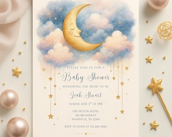 Invitación para baby shower &quot;Más allá de la luna&quot; / &quot;Estrellita brillante&quot; / Plantilla para baby shower &quot;Celestial&quot; / Descarga instantánea editable