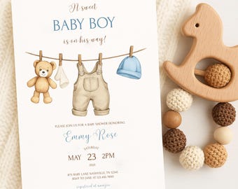 Editable Baby Boy Shower Invitation: Clothesline Design (PDF)