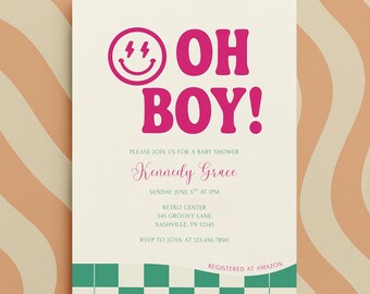 Retro Wavy Checkered Baby Shower Invitation Template (Digital Download)