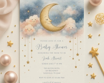 Invitación editable para baby shower &quot;Estrellita Twinkle Twinkle&quot;, &quot;Más allá de la luna&quot;, &quot;Baby Shower rosa y azul&quot;, descarga instantánea