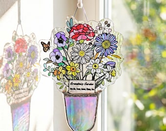 Personalized Birth Flower Gift, Family Birth Flower Bouquet, Stained Glass Keepsake for Grandma Mom, Custom Handmade Flower Suncatcher