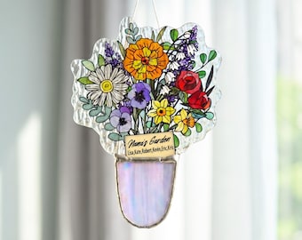 Personalized Birth Flower Gift, Stained Glass Flower Bouquet Suncatcher, Custom Family Keepsake, Birth Month Flower Gift