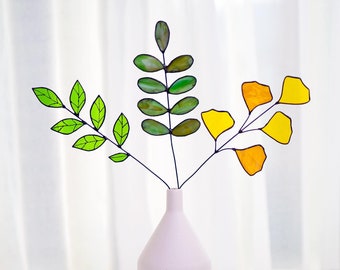ワイルドフラワー ステンドグラス 葉 植物 サンキャッチャー ボヘミアン フラワーブーケ ガラスアート 母の日ギフト、花瓶に入った自然の花の植物 ホームデコレーション