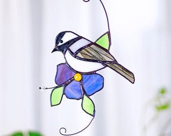 Atrapasol de pájaro con vitrales de carbonero. Colgantes de vitrales de pájaro. Vitrales de flores. Regalo para el Día de la Madre. Atrapasol de pájaro.