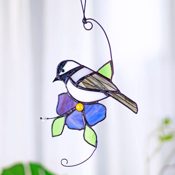 Chickadee stained glass bird suncatcher Bird stained glass window hangings flower stain glass Mothers Day gift bird sun catcher