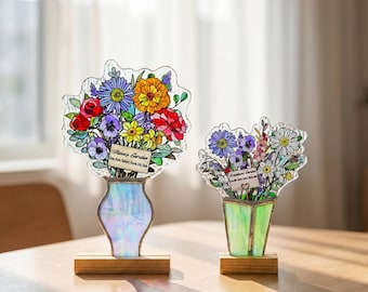 Personalized Birth Flower Gift, Custom Birth Flower Bouquet, Stained Glass Family Keepsake, Meaningful Mom Gift with Names