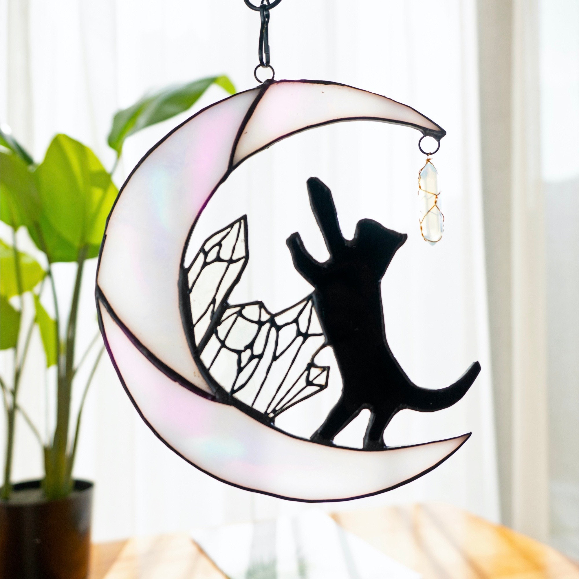 Cat on Moon Stained Glass Suncatcher Window Hanging Cat Memorial Gifts ...