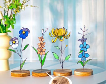 カスタム誕生花ステンドグラスパーソナライズ誕生月フラワーサンキャッチャー花柄テーブルデコレーションフラワーナナズガーデンステーク母の日ギフト