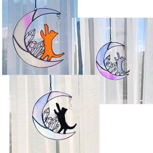 Grey Tabby Cat Stained Glass Suncatcher - Blue Moon Window Hanging Memorial Gift