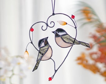 Chickadee Stained Glass Bird Sun Catcher Heart Stain Glass Bird Stained Glass Couple Window Hangings Mothers Day gift Bird