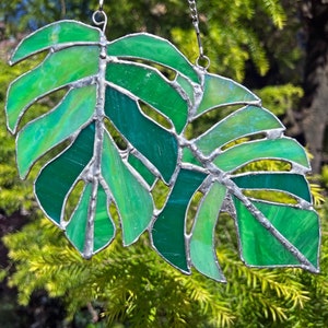 Monstera Leaves Suncatcher Stained Glass Window Hanging Decor Plant Succulent Stain Glass Home Garden Iridescent Wall Art Gifts for Mom image 7