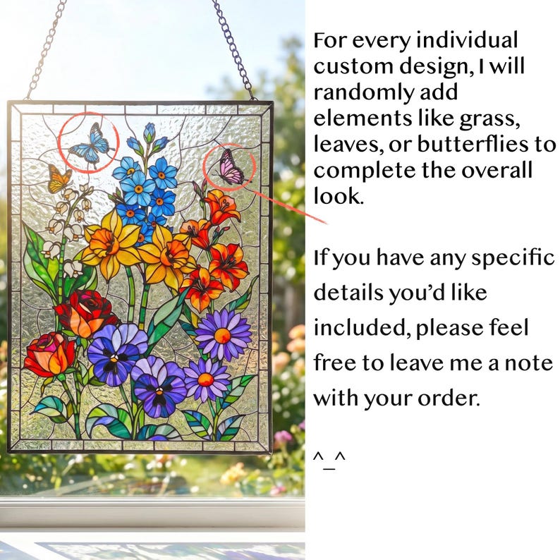 May include: A rectangular stained glass window hanging featuring a vibrant floral arrangement with yellow daffodils, red roses, blue delphiniums, and purple pansies. The panel includes small butterfly accents and text regarding custom design options.