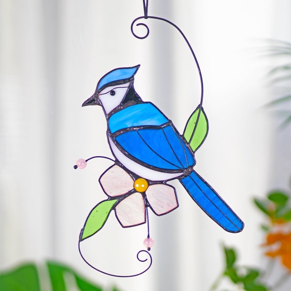 Blue jay stained glass bird suncatcher Blue jay feathers flower stained glass window hangings Blue jay art Stained glass Mothers Day gift