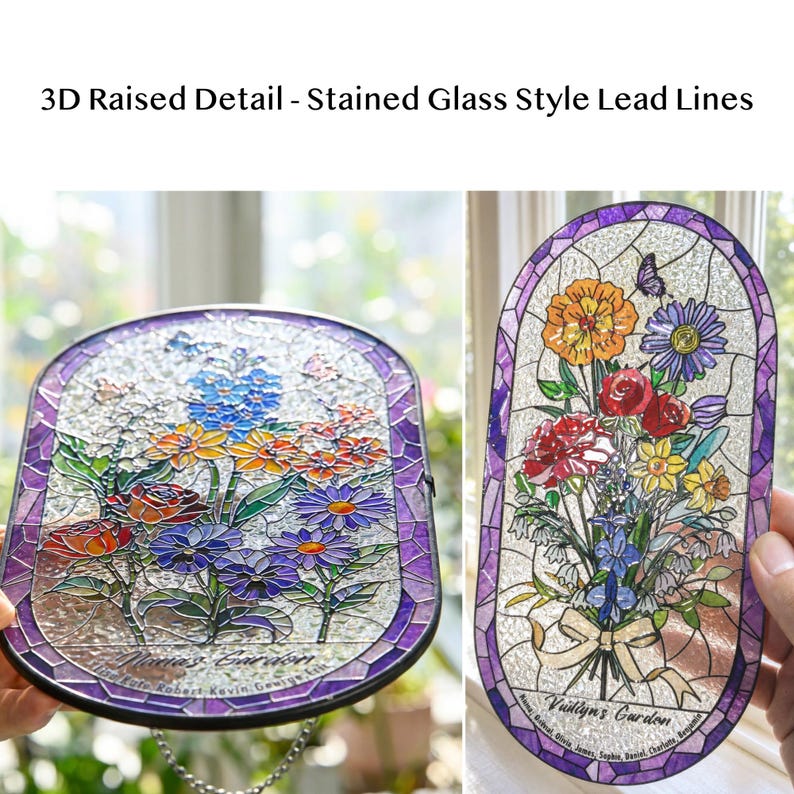 May include: Two oval suncatchers featuring 3D raised lead lines and stained glass style floral designs. One displays "Nana's Garden" with names Robert, Kevin, George, Eric. The other shows "Vailyn's Garden" with names Michael, Olivia, James, Sophie, Daniel, Charlotte, Benjamin.