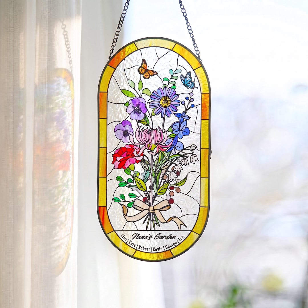 家族の誕生花ブーケ誕生月の花パーソナライズされたステンドグラスの窓
