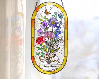 家族の誕生花ブーケ誕生月の花パーソナライズされたステンドグラスの窓飾りパーソナライズされた誕生花のギフト母の日ギフト