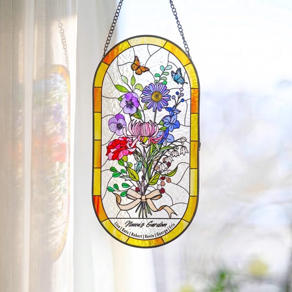 家族の誕生花ブーケ誕生月の花パーソナライズされたステンドグラスの窓