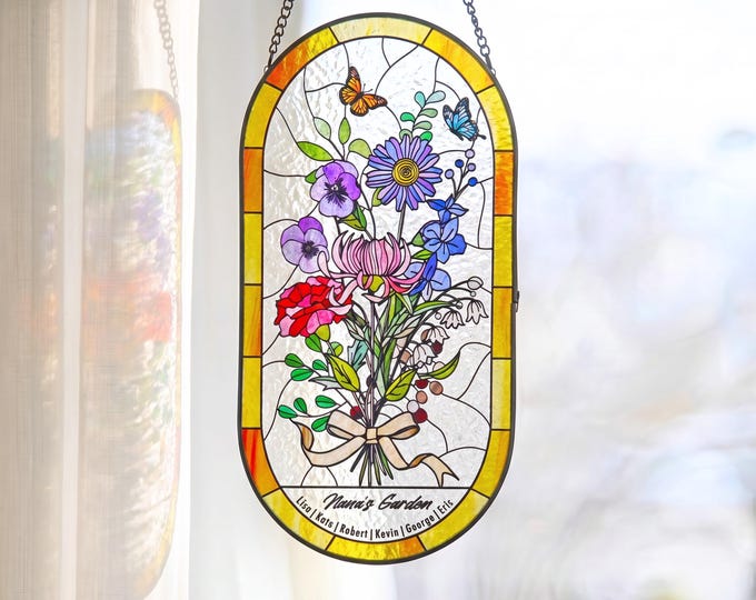 Family Birth Flower Bouquet Birth Month Flowers Personalized Stained Glass Window Hangings Personalized Birth Flower Gift Mothers Day Gift