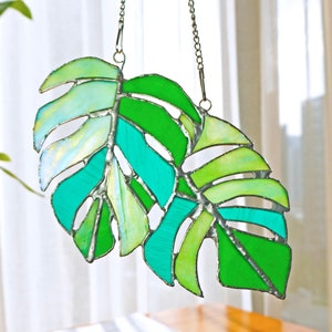 Monstera Leaves Suncatcher Stained Glass Window Hanging Decor Plant Succulent Stain Glass Home Garden Iridescent Wall Art Gifts for Mom