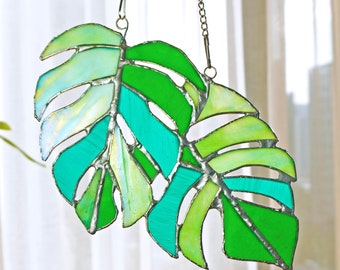 Monstera Leaves Suncatcher Stained Glass Window Hanging Decor Plant Succulent Stain Glass Home Garden Iridescent Wall Art Gifts for Mom