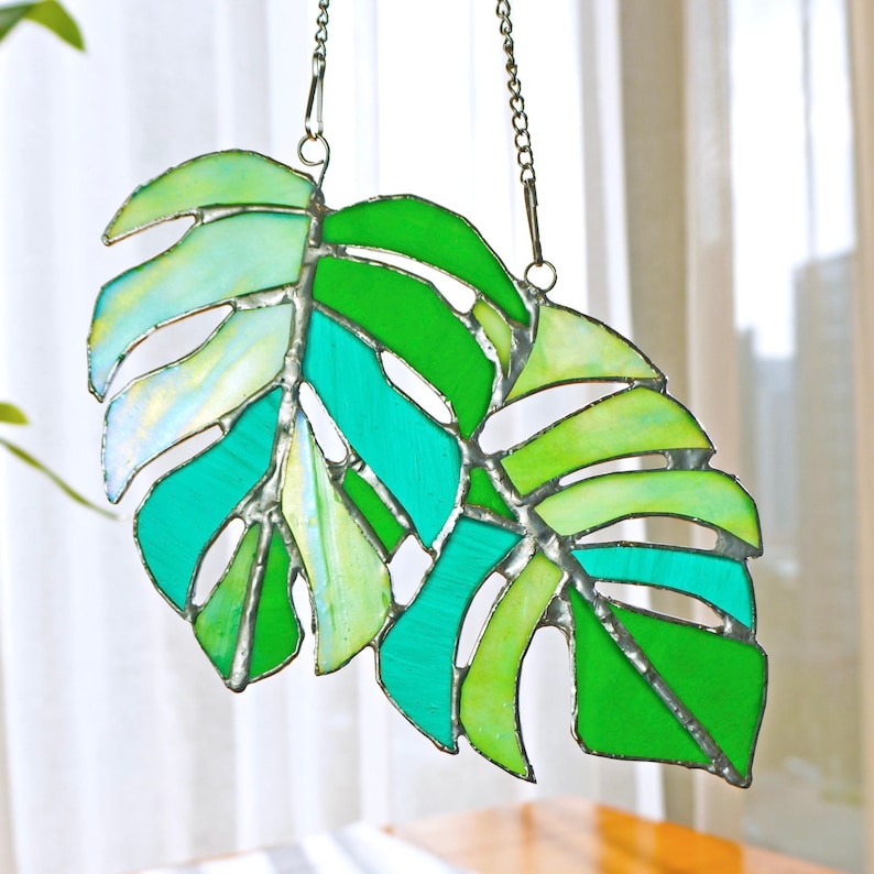 Monstera Leaves Suncatcher Stained Glass Window Hanging Decor Plant Succulent Stain Glass Home Garden Iridescent Wall Art Gifts for Mom image 1