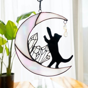 Cat on Moon Stained Glass Suncatcher Window Hanging Cat Memorial Gifts for Loss of Cat Decor, Cat Lover