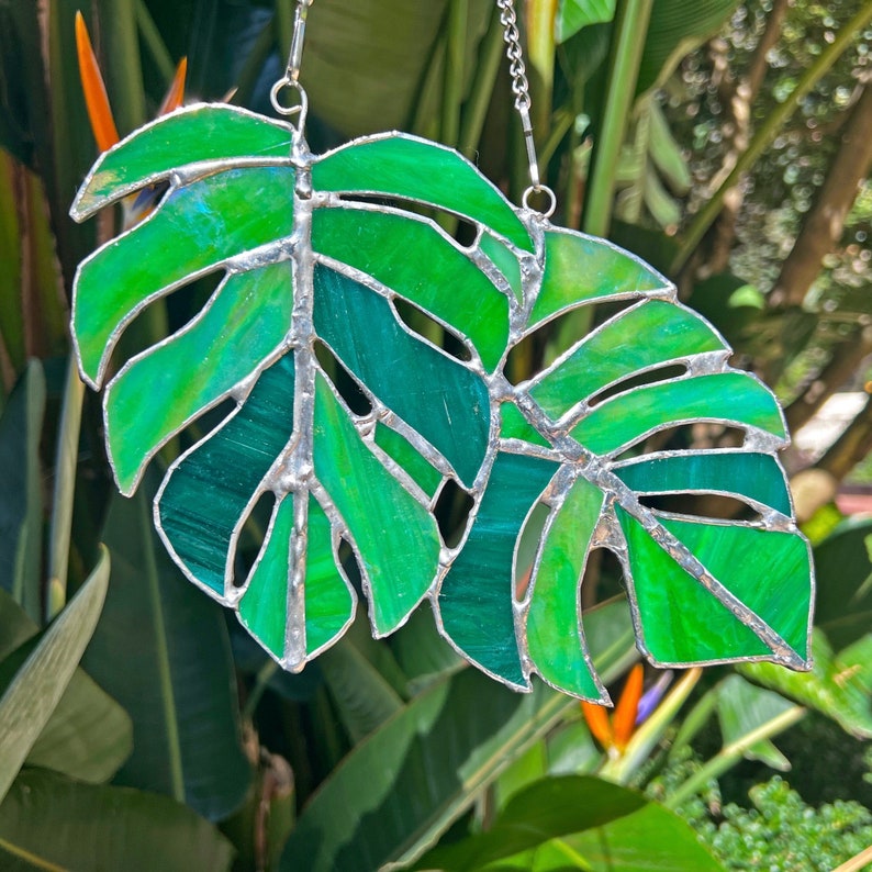 Monstera Leaves Suncatcher Stained Glass Window Hanging Decor Plant Succulent Stain Glass Home Garden Iridescent Wall Art Gifts for Mom image 4