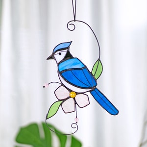 Blue jay stained glass bird suncatcher Blue jay feathers flower stained glass window hangings Blue jay art Stained glass Mothers Day gift image 2