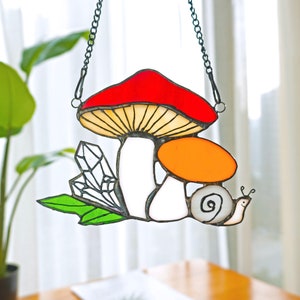Mushroom Snail Stained Glass Suncatcher Decor Stained Glass Window Hanging Amanita Boletus Sun Catcher Wall Art Decoration Gifts for Her
