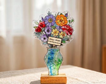 Personalized Birth Flower Gift, Grandma’s Garden Flower Bouquet, Custom Stained Glass Keepsake, Family Birth Month Gift